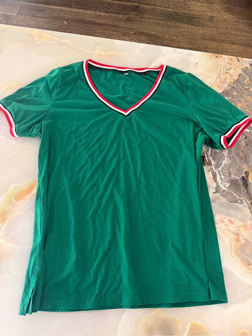 Sporty Green Tee with Red, White & Black Stripe Detail